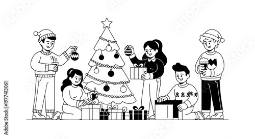 Joyful group decorating christmas tree with ornaments and presents, celebrating winter holidays, sharing warmth with hot beverages, festive family gathering, simple line art