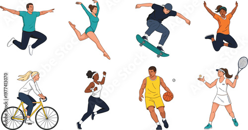 Diverse People Doing Sports Vector Set Featuring Men And Women Participating In Gymnastics Skateboarding Cycling Tennis Basketball And Running For Fitness Graphic Designs