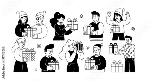 Diverse group of smiling people wearing festive hats and sweaters, exchanging wrapped presents, conveying joy and seasonal celebrations through minimalist line art with bold black
