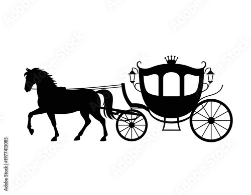 Elegant black horse pulling a classic carriage with two passengers Vector