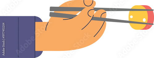 Flat minimalist vector illustration of a hand holding grey chopsticks picking up a piece of sushi roll, representing Asian cuisine, dining etiquette, and Japanese food concepts.