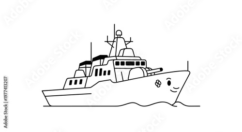 Whimsical cartoon naval warship sailing smoothly through gentle waves, featuring a friendly face with eyes and a smile, rendered with clean black lines on a white canvas, perfect