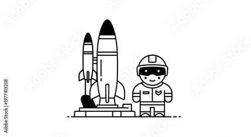 Charming cartoon astronaut stands beside two sleek rockets on a launchpad, showcasing a minimalist black and white design with clean lines and scalable shapes for commercial use.