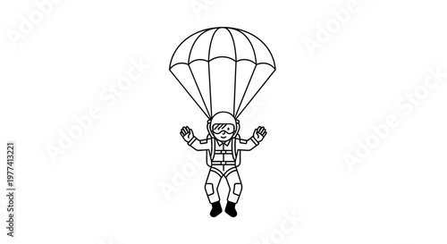 Joyful cartoon skydiver descends with open parachute, wearing helmet and goggles, arms outstretched in greeting, clean line art, minimalist design, representing adventure,