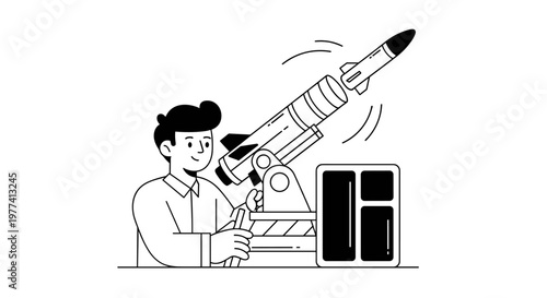 Smiling young man wearing a collared shirt prepares a missile on a launch system, with clean lines, bold shapes, and a monochrome color palette, conveying a sense of technological