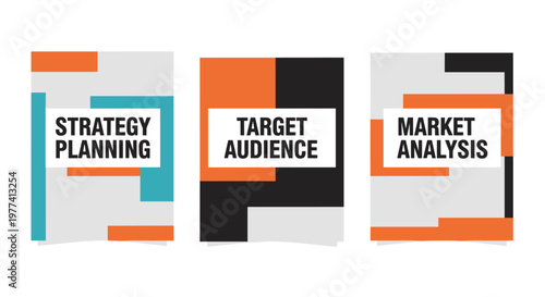 Modern geometric design featuring three panels with bold text: 'strategy planning', 'target audience', and 'market analysis', utilizing a vibrant orange, teal, and black color