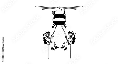 Two pilots in protective gear descend from a hovering helicopter using ropes, showcasing a bold, minimalist black and white line art style, perfect for aviation, adventure, or