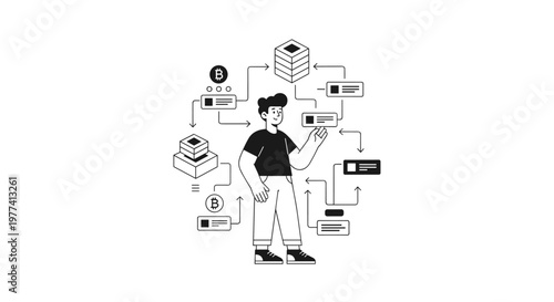 Modern man interacting with blockchain technology, cryptocurrency network flow, data blocks, and bitcoin symbols, presented with clean lines, minimalist shapes, and a monochrome