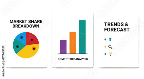 Clean vector graphics display market share breakdown, competitor analysis bar charts, and trends with forecast icons including magnifying glass and lightbulb, presented in a