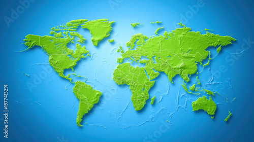 Detailed Relief Map of the World on Blue Background for Education