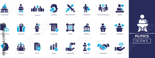Politics icon set. containing Goverment, debate, democratic, president, election, leader, legal, policy, system, constitution icons. Solid icon collection.