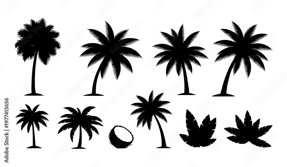 Naklejka premium Tropical palm tree silhouettes set with coconut trees beach summer island vector collection