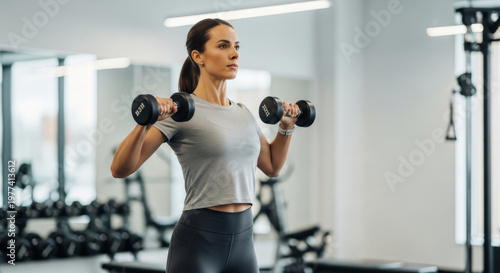 Mulher em academia fazendo musculação, treino com halteres