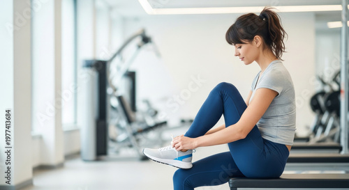 Mulher em academia sentada amarrando tênis