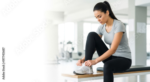 Mulher em academia sentada amarrando tênis