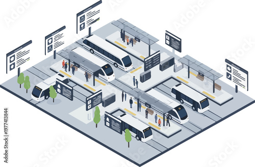 Modern Isometric Public Transport Hub and Bus Station Illustration with Commuters, Trains, and Digital Information Displays
