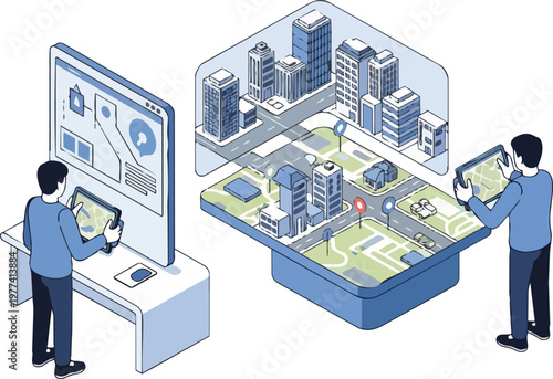 Isometric Smart City Urban Planning and Digital Twin Technology Illustration for Infrastructure Management