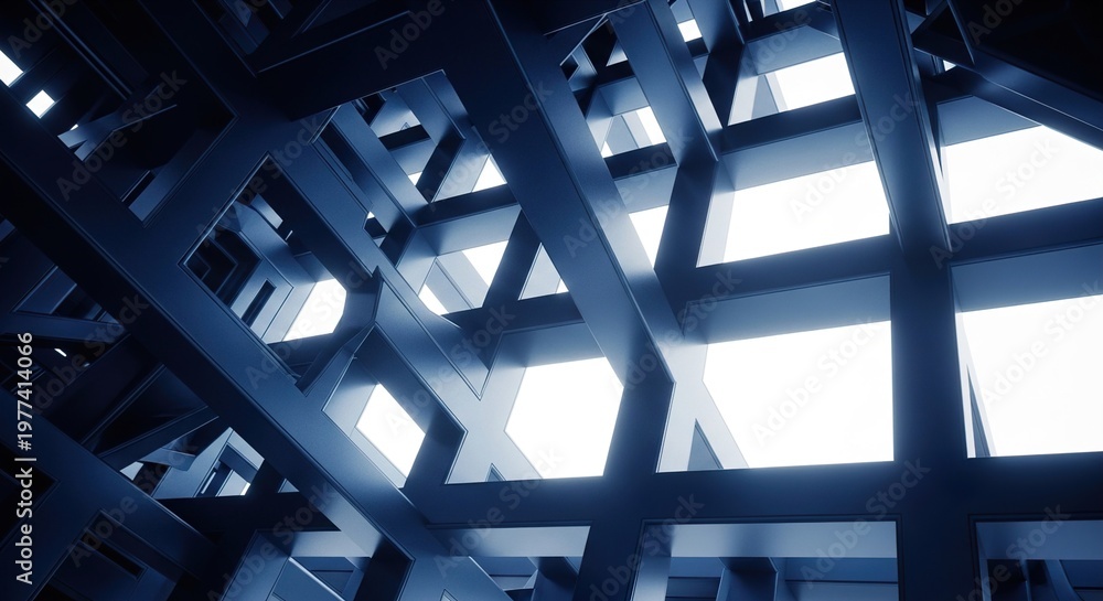 Naklejka premium A dark blue architectural structure with many intersecting beams and bright windows