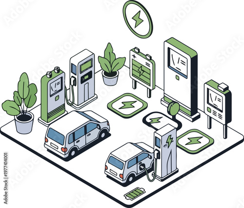 Sustainable Electric Vehicle EV Charging Station Isometric Illustration with Cars, Charging Points, and Green Energy Technology