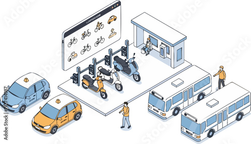 Isometric Smart City Transportation Hub for Mobility as a Service MaaS, Featuring Electric Scooters, Buses, Taxis, and Mobile Booking App