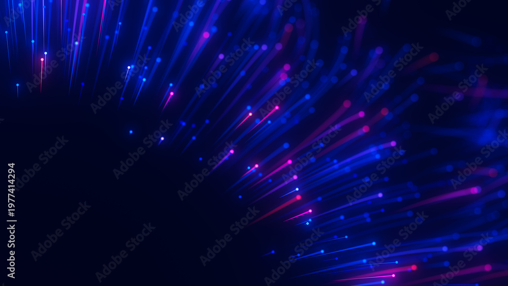 Fototapeta premium Closeup of Big data light speed flow outwards left corner. Abstract digital data stream of quantum computing. Cyberspace of qubit trail waves. Modern tech information transmission. Ai neural network