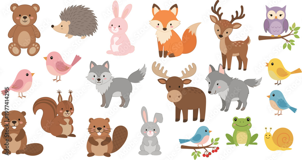 Naklejka premium Comprehensive Woodland Animal Vector Collection Featuring Bear Fox Deer Moose Wolf Owl Squirrel Beaver Frog and Birds for Childrens Educational Book Illustrations