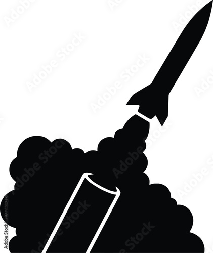Black silhouette of a rocket launching from a cylindrical base, with smoke and flames white background