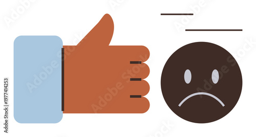 Positive attitude, emotional impact, mindset shift, encouragement, mental health, social influence. Hand pushing sad face emotion away. Positive attitude and emotional impact concept