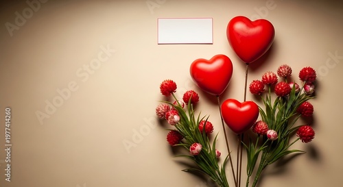 Romantic valentine's day still life hearts roses and a blank card