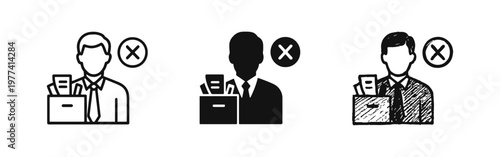 Fired Employee Icon Set, Man with Box of Personal Belongings and Cross Mark, Job Termination Vector