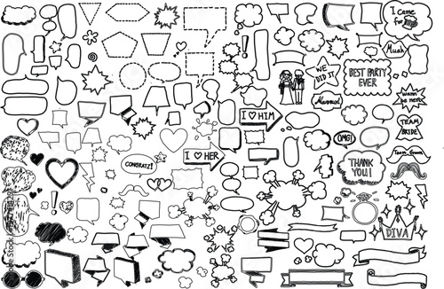 Collection of hand-drawn doodle speech bubbles and icons