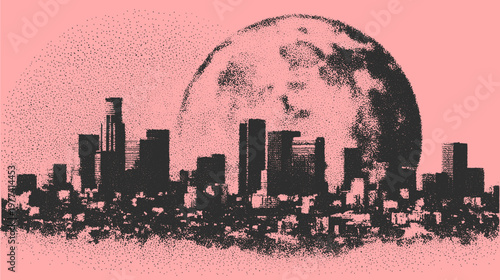 City skyline silhouette with a large moon in the background. Abstract vector illustration on a pink background, showcasing a modern urban landscape.
