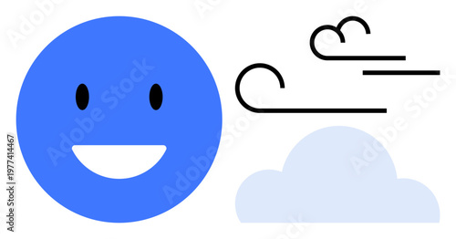Positive emotions, weather forecast, clean energy, eco-living, optimism, and simplicity. A blue happy face, wind swirls and a light cloud. Positive emotions and eco-living concept
