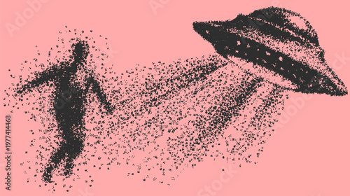 UFO abduction scene featuring a man silhouette. Vector illustration with a surreal design style and simple, modern elements in the artwork.