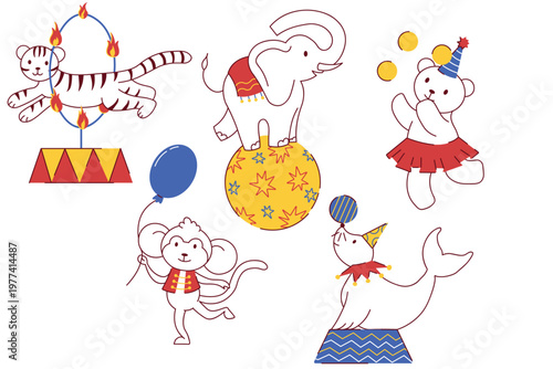 Cute circus animals performing tricks in a playful flat style. Perfect for kids designs, party themes, and entertainment illustrations.