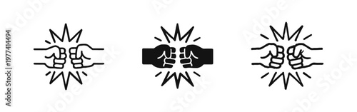 Fist Bump Icon Set, Two Hands Bro Fist Gesture, Agreement and Teamwork Symbol, Outline and Solid Style