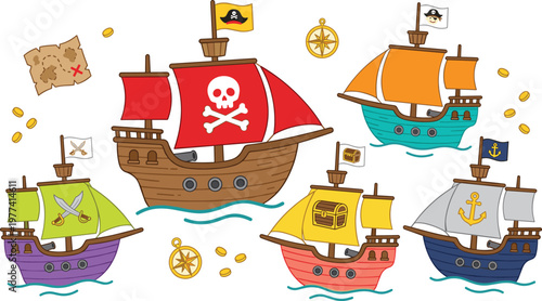 Cute Pirate Ship Illustration Set with Colorful Boats, Jolly Roger Flags, Cannons and Sea Adventure Cartoon Vessels Collection for Kids Game and Design Projects
