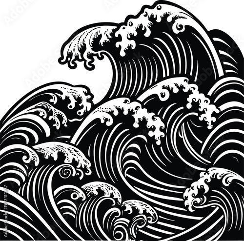 Black and white wave, ocean wave vector, crashing waves, monochromatic illustration, sea wave graphics