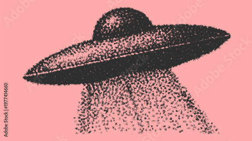 UFO spaceship vector illustration. Simple design featuring a dark craft emitting a beam against a pink background.