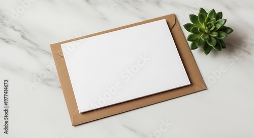 Elegant wooden picture frame mockup with greenery on marble surface ready for display