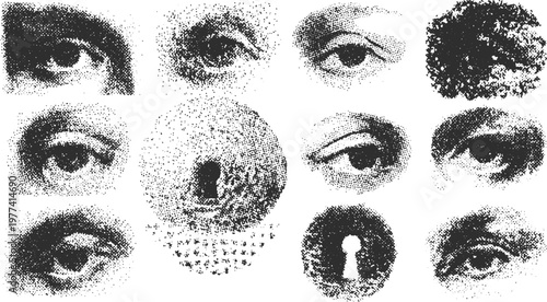 Illustration set featuring various eyes and a keyhole symbol. The monochrome vector illustration showcases distinct patterns and textures.