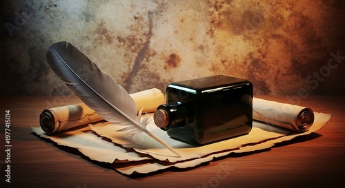 Antique still life vintage camera and rolled parchment on textured background