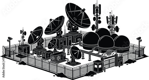 Military   communication Satellite dish array, fenced compound with communication equipment satellite dishes antennas cell towers