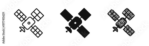 Satellite icon set in linear, solid and sketch style for space technology, communication and GPS navigation