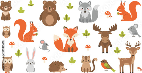 Cute woodland animals vector set with brown bear, fox, deer, owl, moose, squirrel, and hedgehog illustrations for children’s nursery decor and autumn designs.