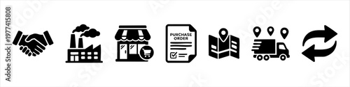 Set of Supply Chain and Logistics Business Process Icons Representing Manufacturing, Retail, Procurement, Shipping, and Distribution