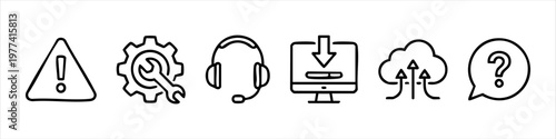 Set of technical support and customer service hand-drawn line icons including warning, settings, help desk, download, cloud computing, and FAQ symbols on white background.