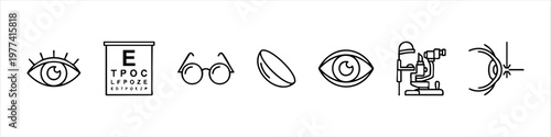 Ophthalmology and Optometry Line Icons Set - Vision Health, Eye Care, and Medical Equipment Symbols