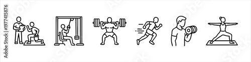 Fitness and Gym Workout Line Icons Set with Personal Training, Bodybuilding, Squats, Weightlifting, Running, and Yoga - Vector Illustration