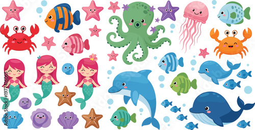 Cute underwater sea life cartoon collection with fish octopus dolphin whale crab jellyfish and mermaid vector illustration set isolated on light background